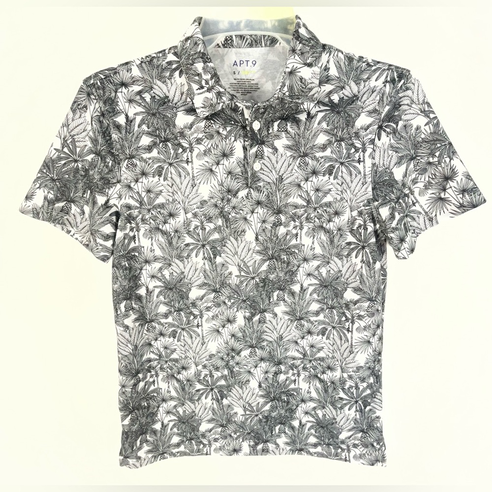 Apt. 9 Men's Monochrome Tropical Floral Hawaiian Polo Shirt Size Small‎